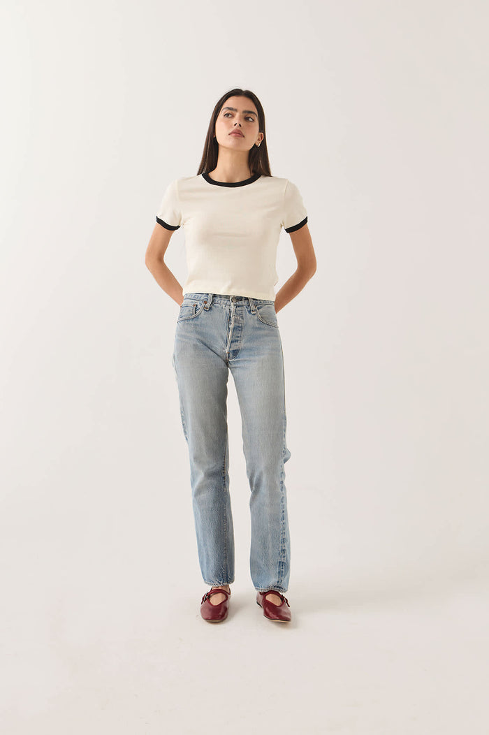 Women's Carefree Organic Garment Dye Ringer T-Shirt in the color Off White/Black - Additional Fit image