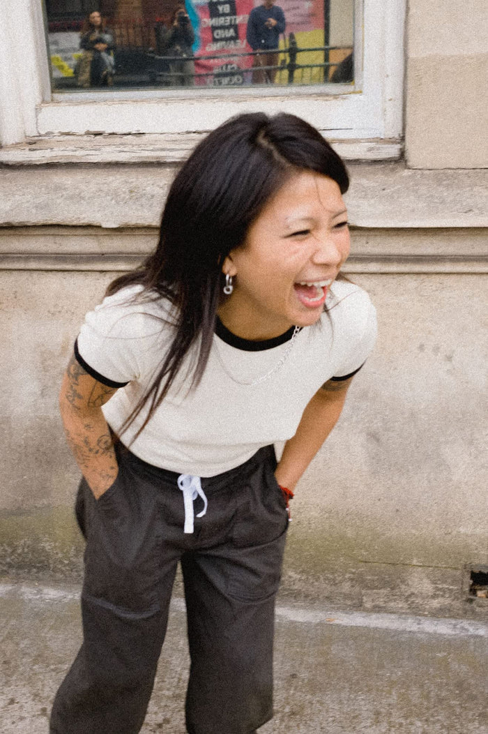Women's Carefree Organic Garment Dye Ringer T-Shirt in the color Off White/Black - Women's Lifestyle image