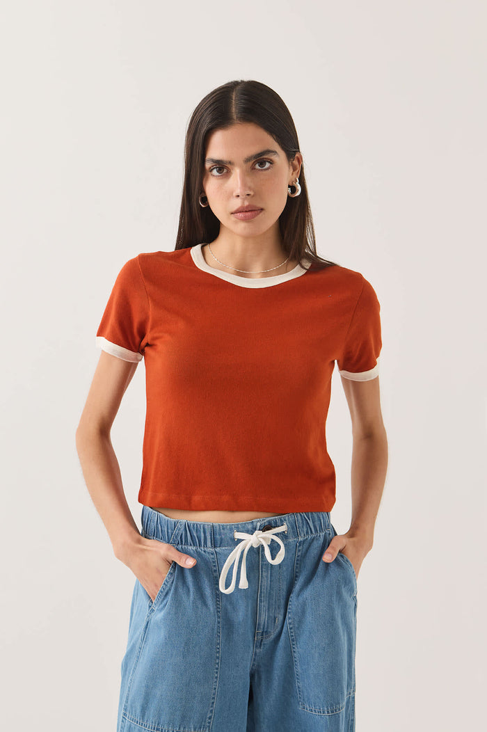 Women's Carefree Organic Garment Dye Ringer T-Shirt in the color Rust/Off White - Women's Front View
