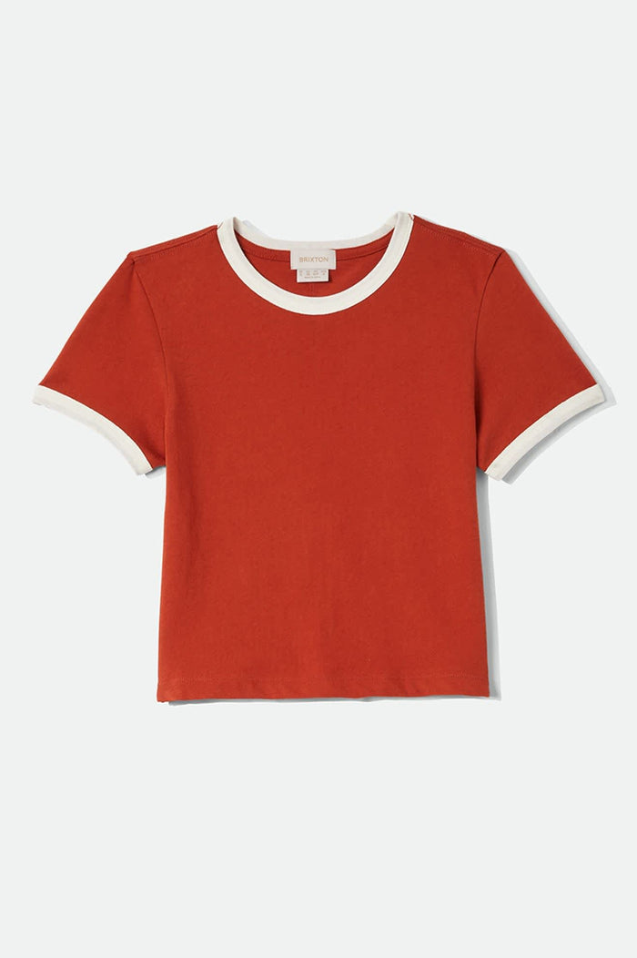 Women's Carefree Organic Garment Dye Ringer T-Shirt in the color Rust/Off White - Front Product View