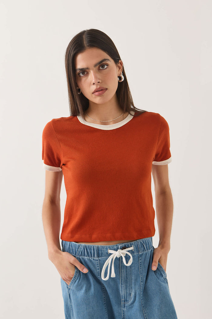 Women's Carefree Organic Garment Dye Ringer T-Shirt in the color Rust/Off White - Additional Fit image