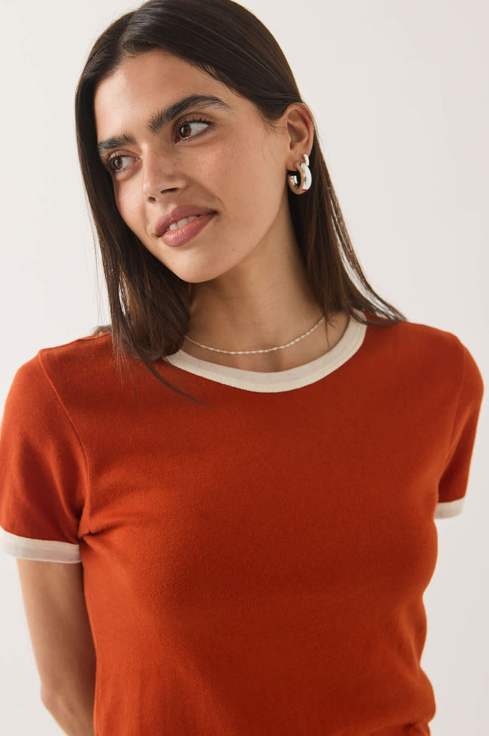 Women's Carefree Organic Garment Dye Ringer T-Shirt in the color Rust/Off White - Additional Fit image