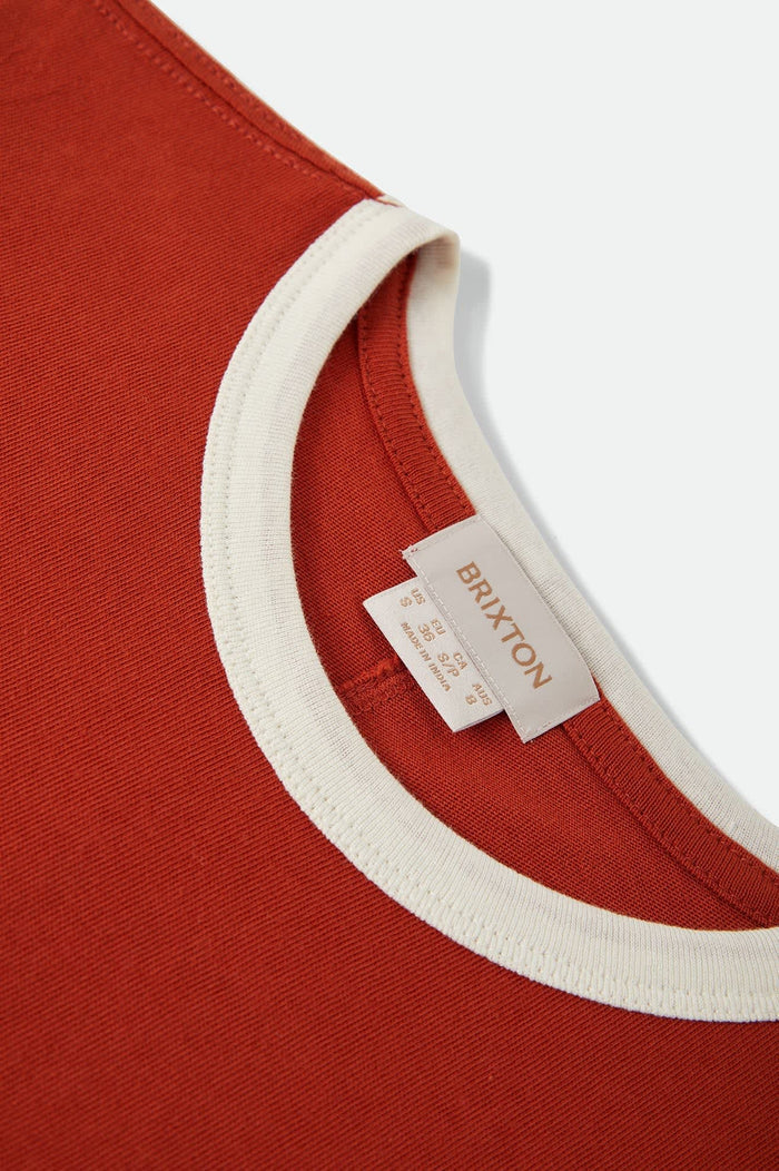 Women's Carefree Organic Garment Dye Ringer T-Shirt in the color Rust/Off White - Additional Laydown image