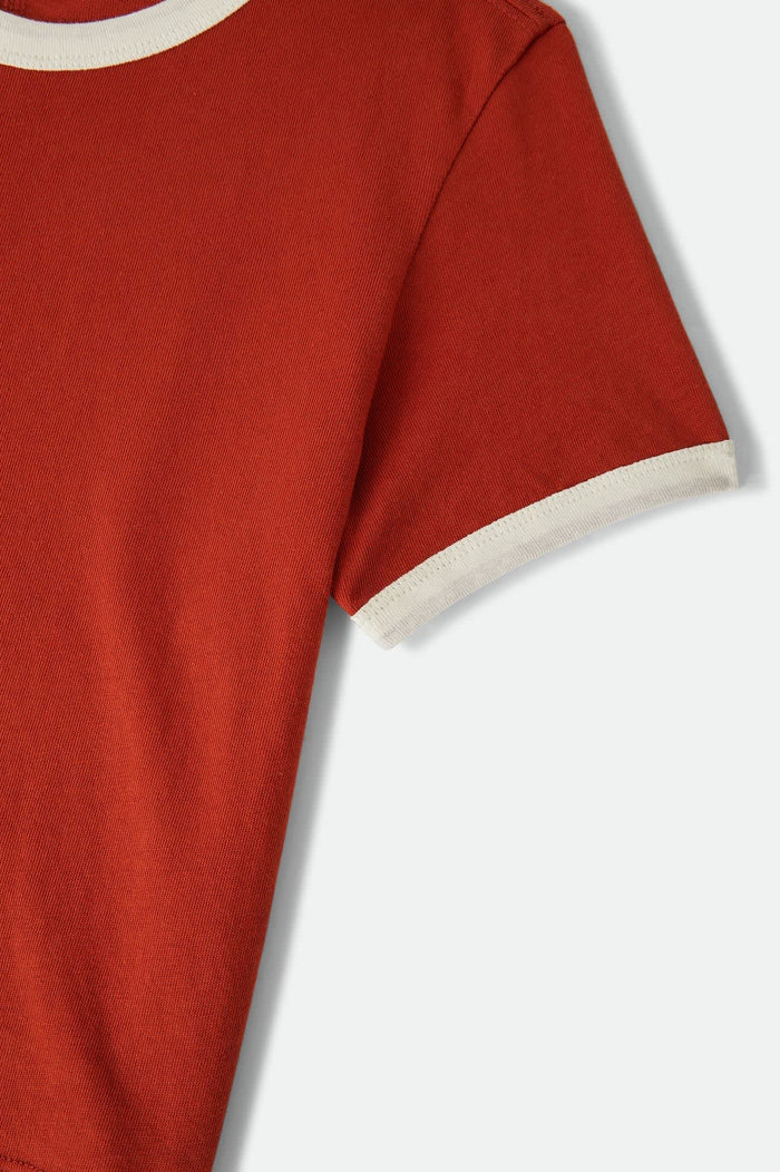 Women's Carefree Organic Garment Dye Ringer T-Shirt in the color Rust/Off White - Additional Laydown image