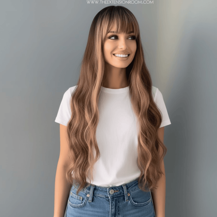 Highlighted Wig: Model wearing Carmen Long Highlighted Brown Body Wave Wig with Bangs, showcasing volume and movement.
