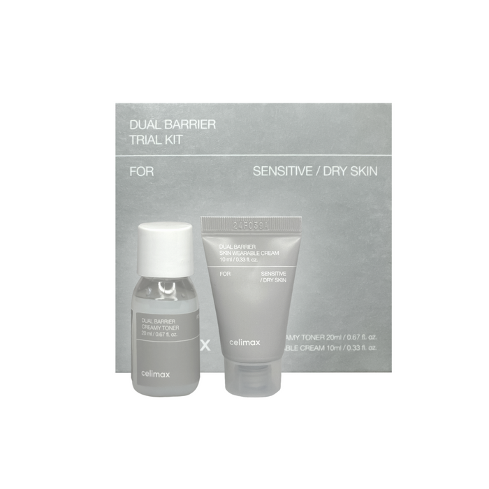 CELIMAX Dual Barrier Trial Kit packaging, containing a creamy toner and a wearable cream for sensitive/dry skin.
Korean Skincare Canada