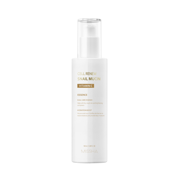 A bottle of Cell Renew Snail Mucin Vitamin C Essence by Missha, with a white and gold color scheme.