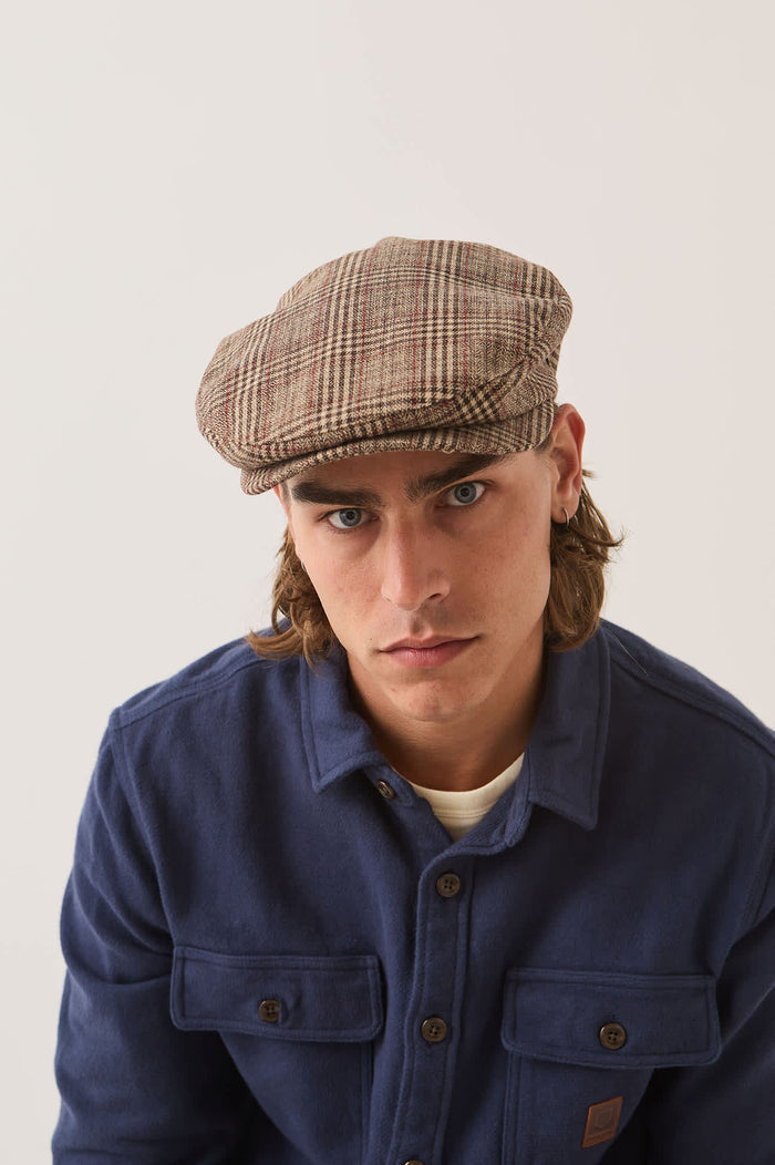 Unisex Century Barrel Snap Cap in the color Brown/Tan/Red Plaid - Men's Front View