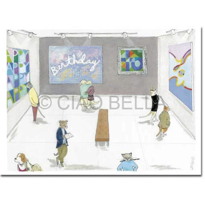 Anthropomorphic dogs and cats admire modern art in a bright gallery on the CIAO BELLA - ONE MAN SHOW CARD by CIAO BELLA, with some animals viewing paintings and others chatting—perfect for a unique note card or envelope illustration.
