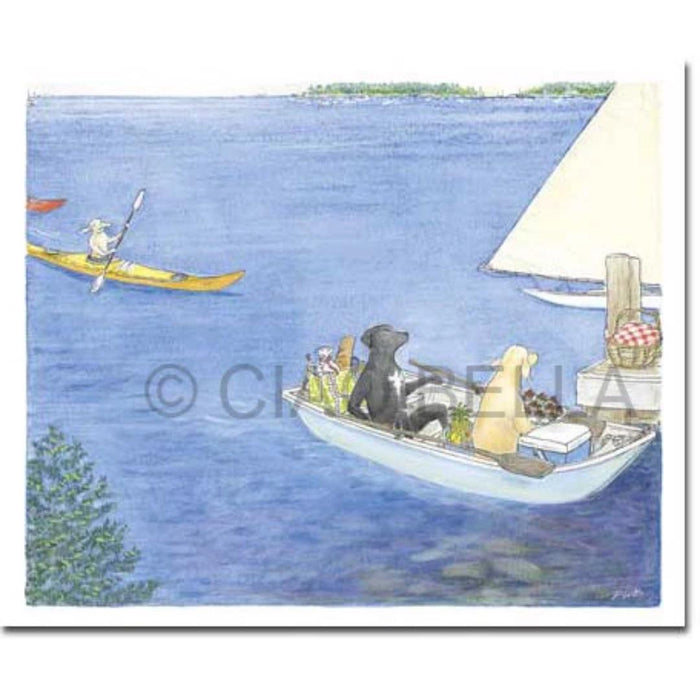 A calm, playful CIAO BELLA - YOU'RE INVITED CARD by CIAO BELLA features dogs in a rowboat with groceries and a blank note card on a lake near a sailboat, while another dog kayaks in the background.