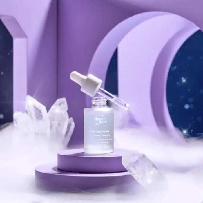 Skincare serum bottle with dropper on a purple platform against a futuristic background