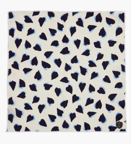 The CLIFTON WILSON Navy and White Hearts Silk Pocket Square features irregular navy and black heart motifs with light blue outlines—a unique, stylish accessory ideal for weddings or special occasions.