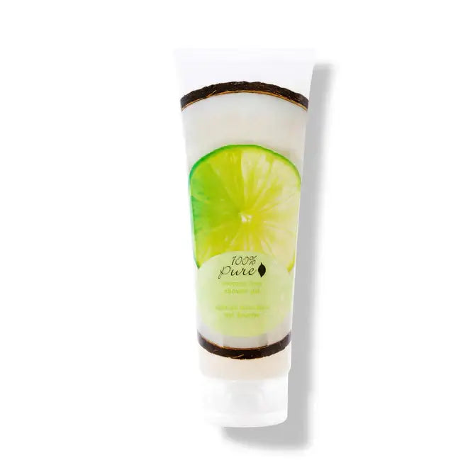 Coconut Lime Shower Gel 100% Pure in a tube, featuring vibrant lime slice and coconut design, perfect for energizing shower routine.