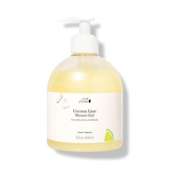 Coconut Lime Shower Gel bottle with pump, 16 fl oz, featuring tropical coconut and lime blend for energizing showers.