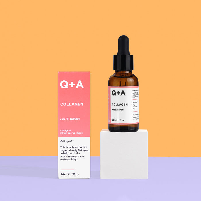 Q+A Collagen Facial Serum shown with its pink and white product box next to an amber glass dropper bottle, displayed on a white pedestal against a split orange and lavender background.