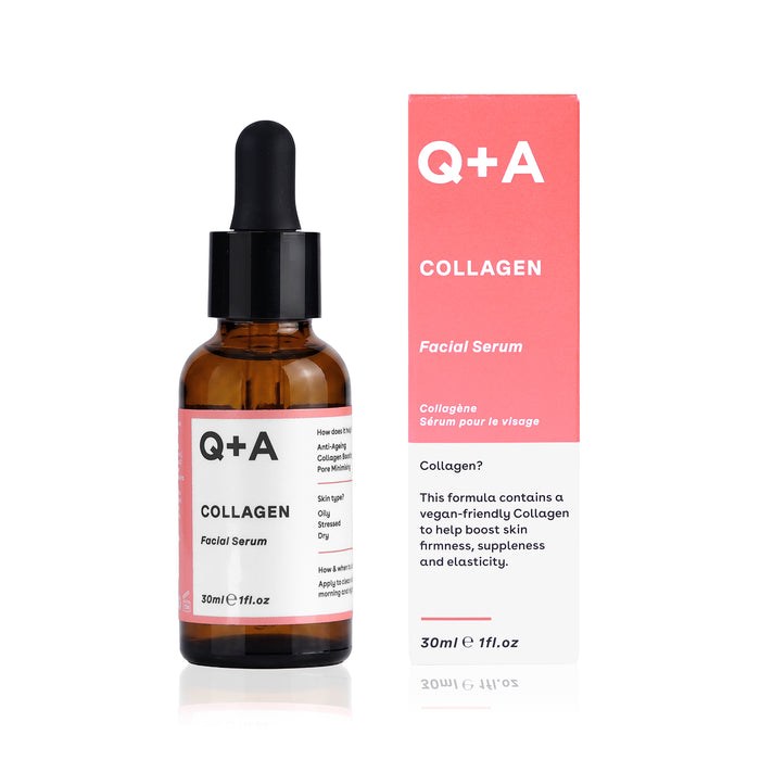 An amber glass dropper bottle and its matching pink and white product box for Q+A Collagen Facial Serum, displayed on a clean white background.