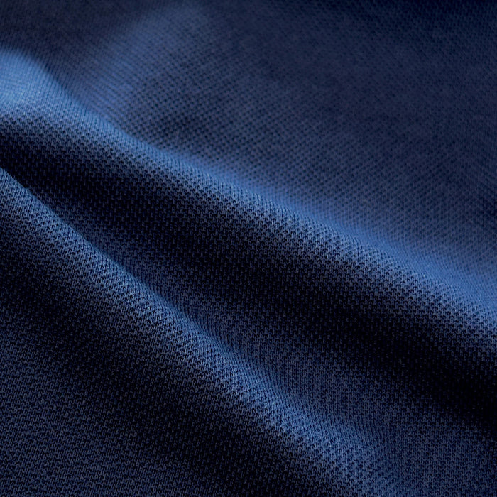 Close-up of COLLARS AND CO's PALM PIMA BLEND QUARTER ZIP IN NAVY, featuring dark blue fabric with a soft, textured surface and subtle sheen—perfect for lightweight layering and modern comfort.