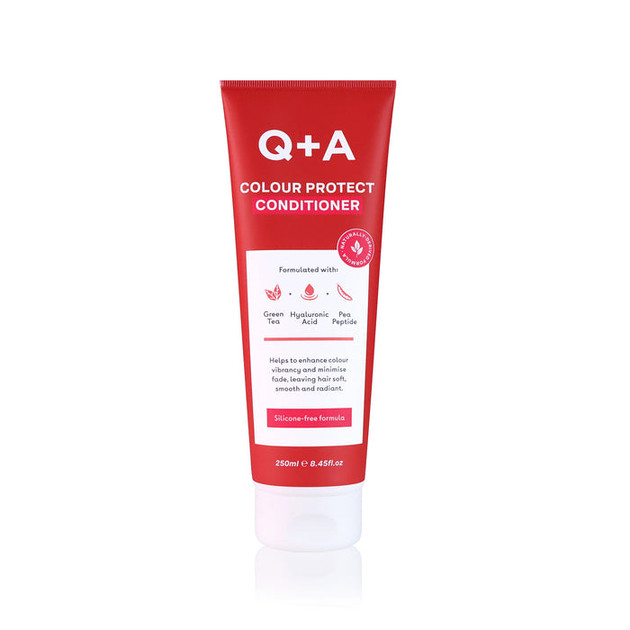 Red tube of Q+A Colour Protect Conditioner on a white background