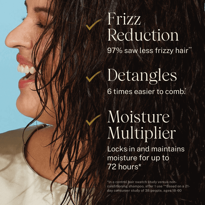 JVN Hair Complete Conditioning Mist clinical claims on model's hair. Reads: Frizz reduction - 97% saw less frizzy hair **, Detangles: 6 times easier to comb*, and Moisture Multiplier: locks in and maintains moisture for up to 72 hours*. *in a control hair swatch study versus non-conditioning shampoo, after 1 use. **based on a 21-day consumer study of 38 people, ages 18-60.