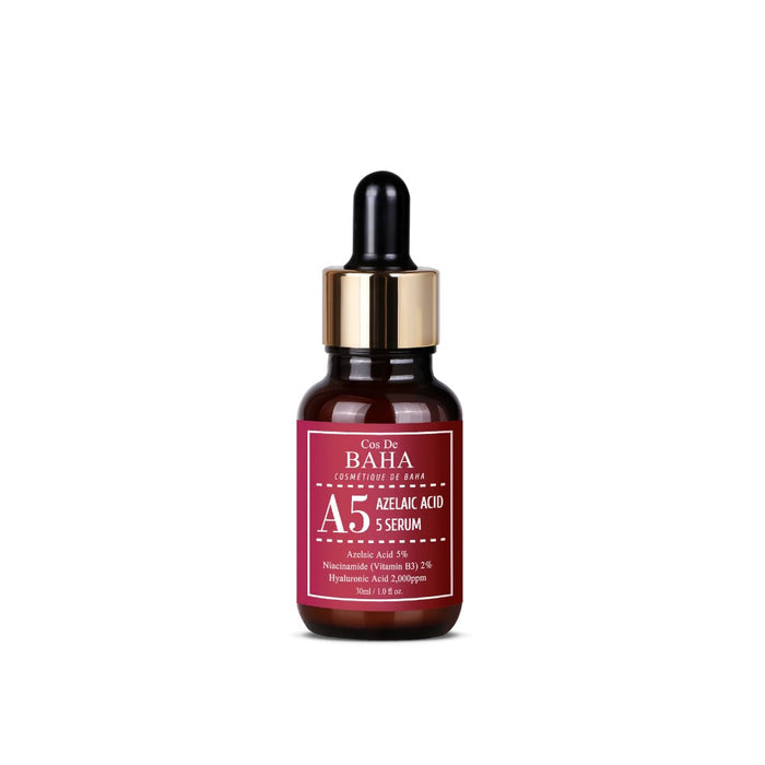COS DE BAHA (A5) Azelaic Acid 5% Facial Serum is a versatile serum suitable for all skin types, particularly effective for those with sensitive or blemish-prone skin. It contains 5% Azelaic Acid, which helps to reduce redness, clear blemishes, and even out skin tone. Niacinamide enhances skin clarity and texture, while Aloe Barbadensis Leaf Extract and Sodium Hyaluronate offer soothing hydration. Panthenol and extracts of Green Tea and Edelweiss provide additional calming and antioxidant benefit