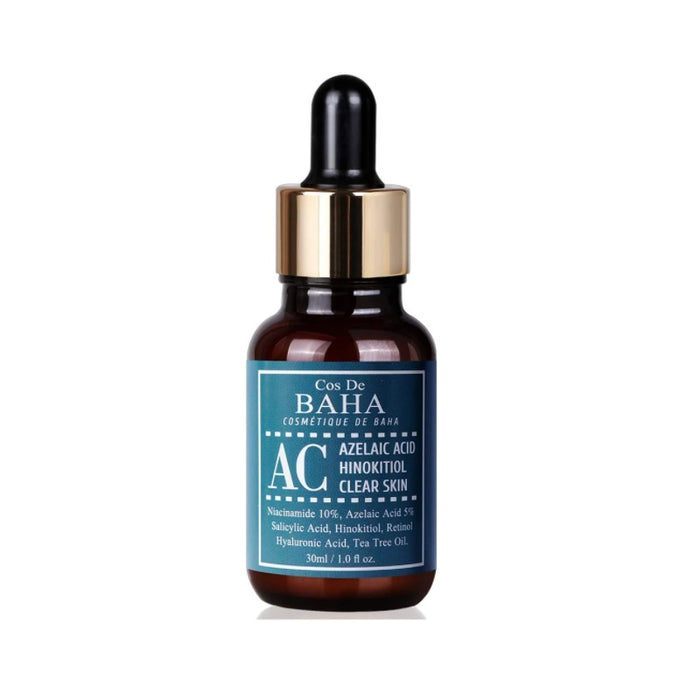 COS DE BAHA (AC) Acne Treatment Serum is specifically formulated for acne-prone and oily skin types. This powerful serum features Niacinamide, Azelaic Acid, and Salicylic Acid, which work together to reduce inflammation, prevent acne formation, and clear clogged pores. Tea Tree Leaf Oil offers natural antibacterial properties, while Retinol helps to accelerate cell turnover and improve skin texture. Sodium Hyaluronate ensures the skin remains hydrated, minimizing the dryness often associated wit