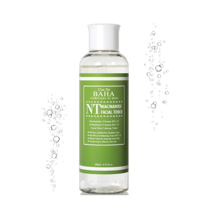 COS DE BAHA (NT) Niacinamide 5% Toner is a refreshing toner suitable for all skin types, especially those looking to improve skin clarity and hydration. Formulated with 5% Niacinamide, it helps refine pores, balance oil production, and brighten the complexion. Enriched with Aloe Vera and Sodium Hyaluronate, it delivers deep hydration, while Witch Hazel and Licorice Root Extract soothe and calm the skin. Gentle botanical extracts like Rosemary and Thyme provide antioxidant benefits, making this t