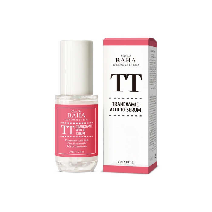 COS DE BAHA Tranexamic Acid 10% Serum is a powerful brightening serum formulated to target dark spots, hyperpigmentation, and uneven skin tone. With 10% Tranexamic Acid as the key ingredient, it effectively reduces the appearance of discoloration while soothing the skin with Centella Asiatica Extract and Aloe Vera. This serum also contains Niacinamide, Sodium Hyaluronate, and Vitamin E, which work together to hydrate, strengthen the skin barrier, and promote a more radiant complexion. Suitable f