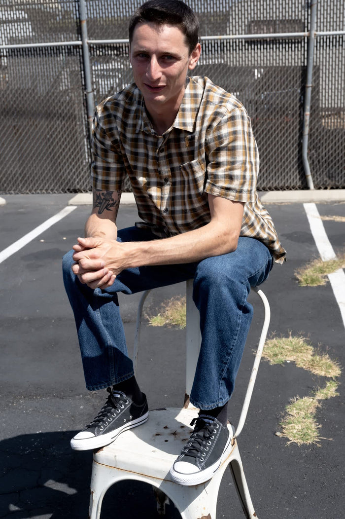 Men's Cru Linen Blend Plaid Short Sleeve Shirt in the color Black/Tobacco Plaid - Men's Lifestyle image