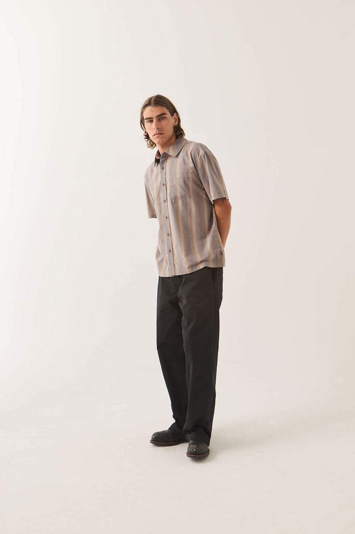 Men's Cru Shirt in the color Charcoal Shadow Stripe - Men's Side View