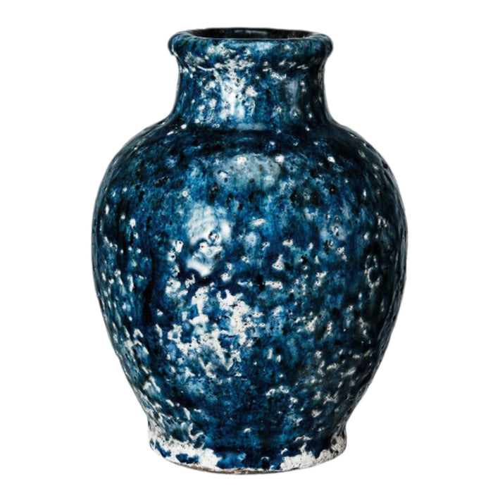 The CREATIVE COOP Decorative Terracotta Vase with Blue Crackle Glaze, Large, features a rounded body and narrow neck for a striking accent, shown isolated on a white background.