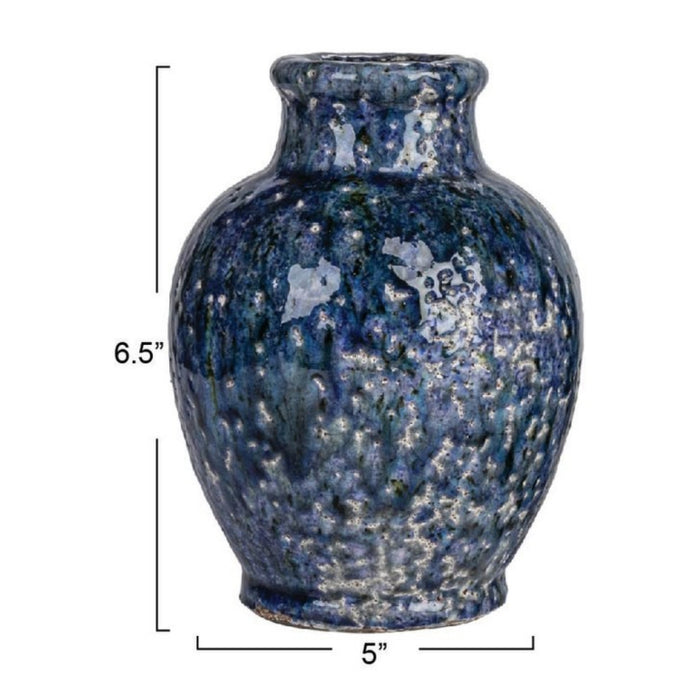 The CREATIVE COOP Decorative Terracotta Vase with Blue Crackle Glaze, Large, features a rounded body and narrow neck for a striking accent, shown isolated on a white background.