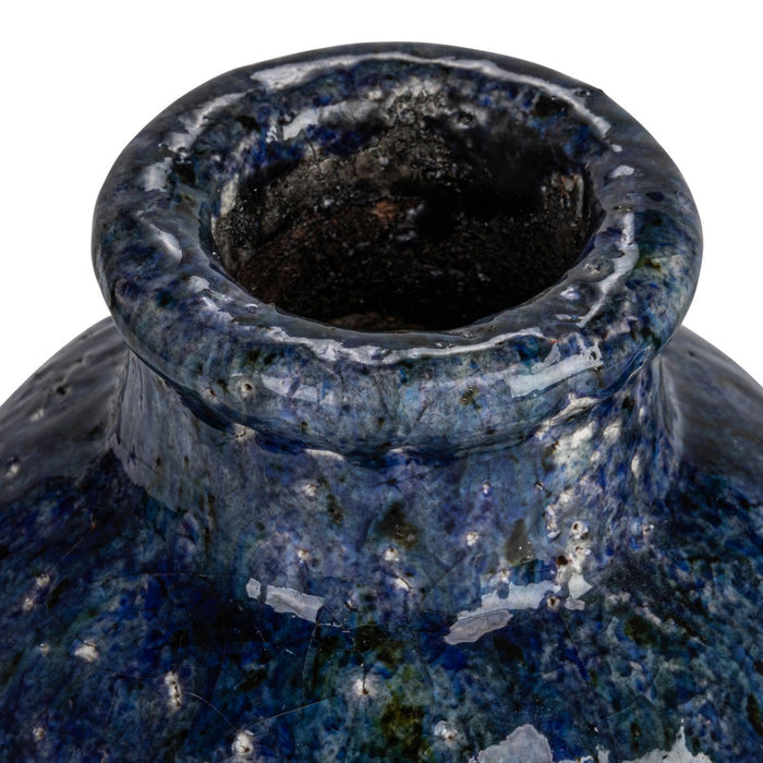 The CREATIVE COOP Decorative Terracotta Vase with Blue Crackle Glaze, Large, features a rounded body and narrow neck for a striking accent, shown isolated on a white background.