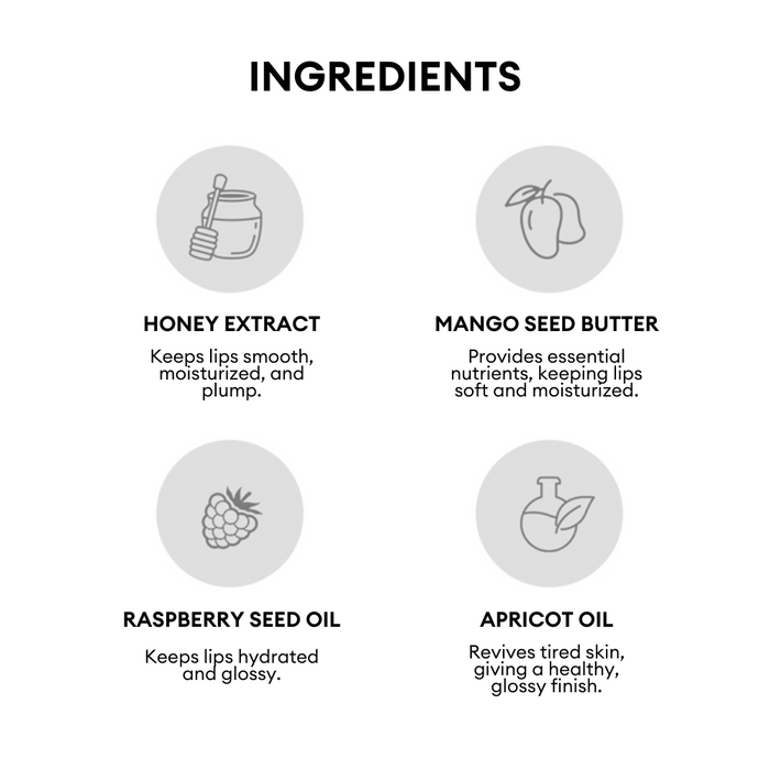 Infographic listing four key lip care ingredients with icons and short descriptions. Includes Honey Extract (smooths and plumps lips), Mango Seed Butter (softens and moisturizes), Raspberry Seed Oil (hydrates and adds gloss), and Apricot Oil (revives and gives a healthy shine).Infographic listing four key lip care ingredients with icons and short descriptions. Includes Honey Extract (smooths and plumps lips), Mango Seed Butter (softens and moisturizes), Raspberry Seed Oil (hydrates and adds glos