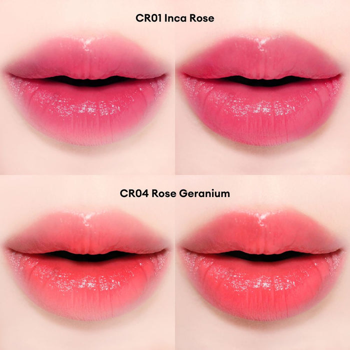 Close-up of lips wearing two glossy pink lipstick shades. The top two images show CR01 Inca Rose — a cool-toned rose pink with a shiny finish. The bottom two images show CR04 Rose Geranium — a warmer, deeper pink-red with a glossy, hydrated look.