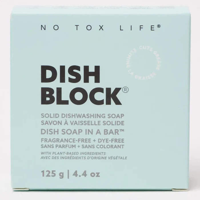 Box of No Tox Life Dish Block solid dishwashing soap on a light blue background