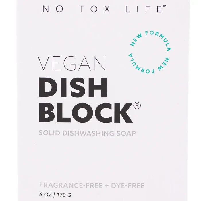 Vegan Dish Block packaging with 'No Tox Life' branding on a white background