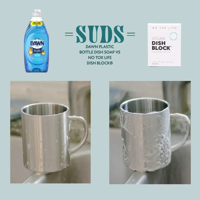 Comparison of Dawn dish soap and a vegan dish block on a metallic mug with a light blue background.