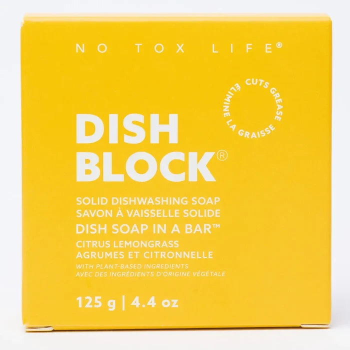 Yellow box of Dish Block solid dishwashing soap with branding and product details.