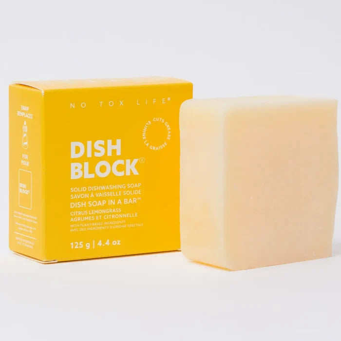 Dish Block soap bar with packaging on a white background
