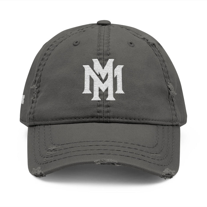 Distressed Embroidered Dad Hat – Vintage Monogram "M" with Script "Momento" - Memento Mori Clothing