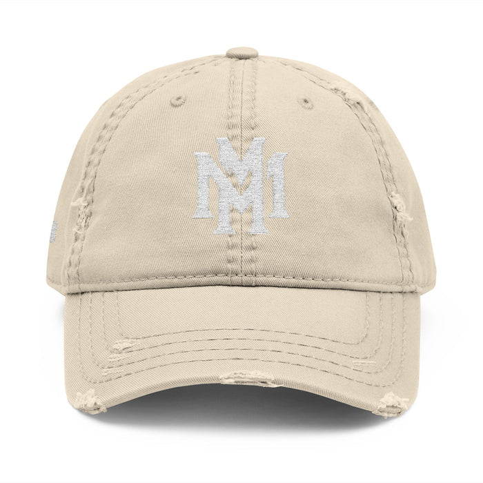 Distressed Embroidered Dad Hat – Vintage Monogram "M" with Script "Momento" - Memento Mori Clothing