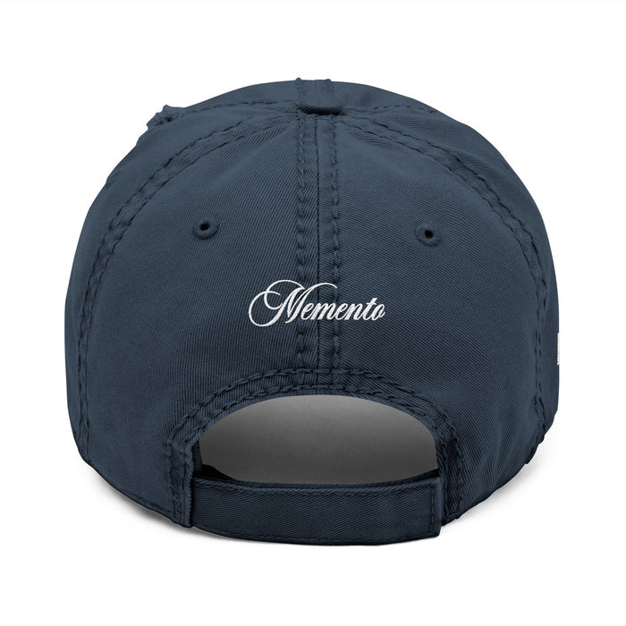 Distressed Embroidered Dad Hat – Vintage Monogram "M" with Script "Momento" - Memento Mori Clothing