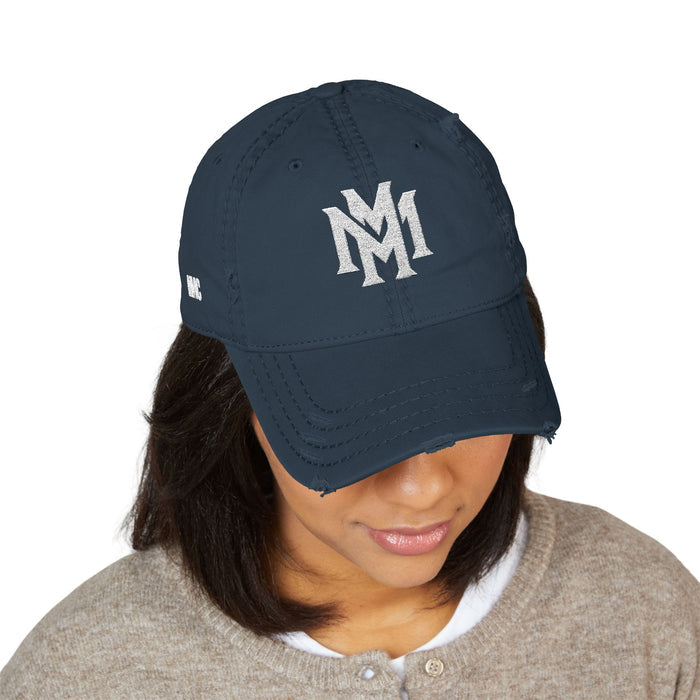 Distressed Embroidered Dad Hat – Vintage Monogram "M" with Script "Momento" - Memento Mori Clothing