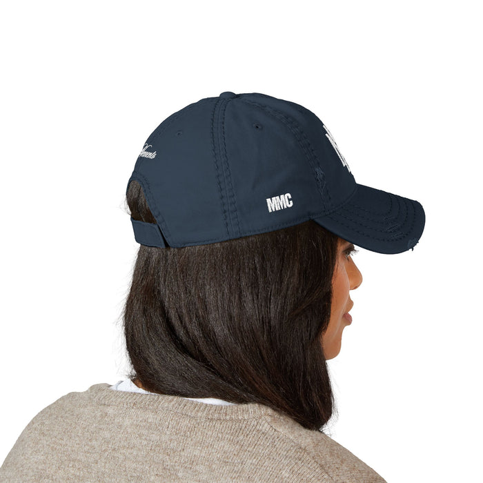 Distressed Embroidered Dad Hat – Vintage Monogram "M" with Script "Momento" - Memento Mori Clothing