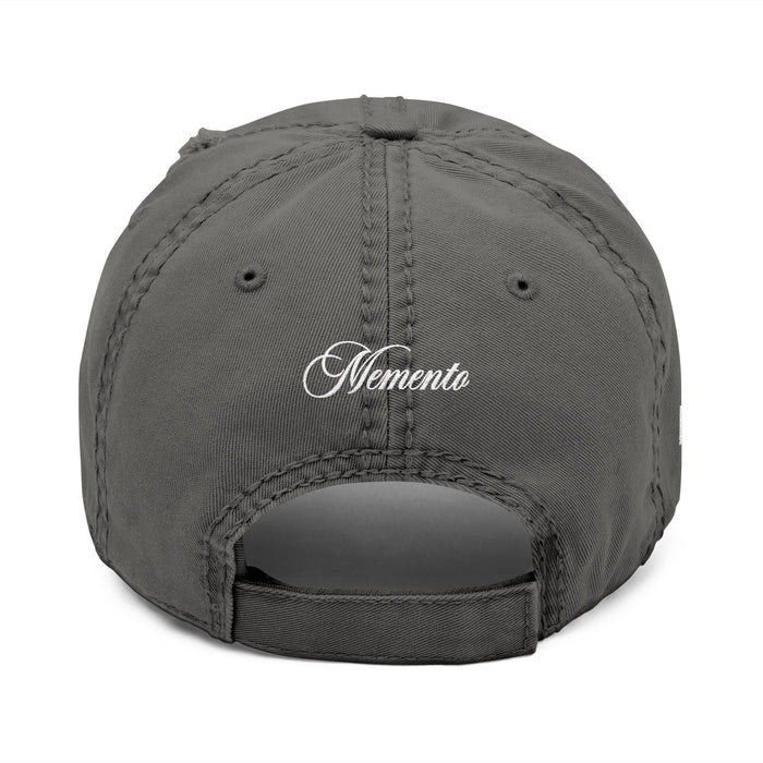 Distressed Embroidered Dad Hat – Vintage Monogram "M" with Script "Momento" - Memento Mori Clothing