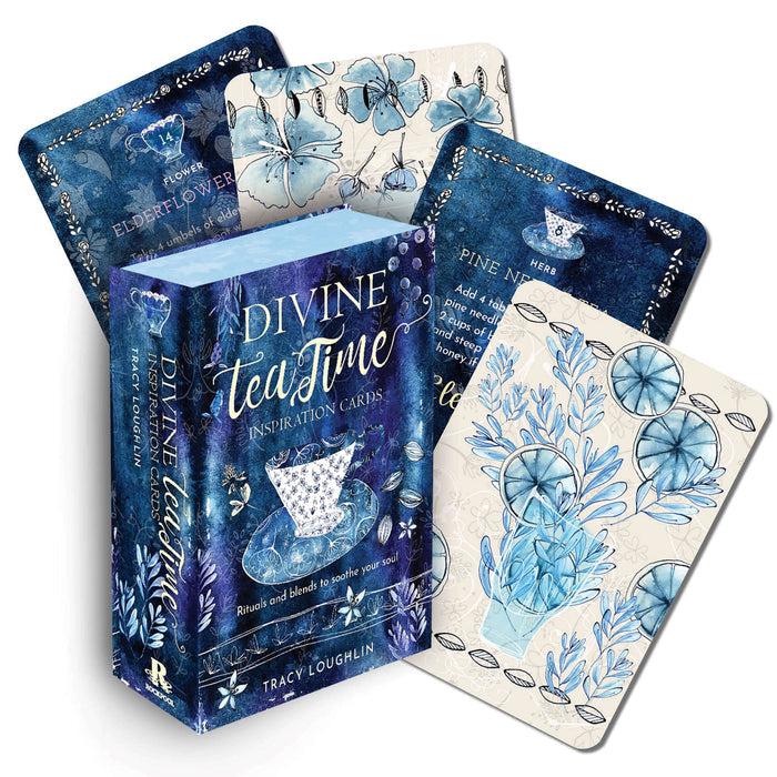 Divine Tea Time inspiration cards with blue floral designs on a white background