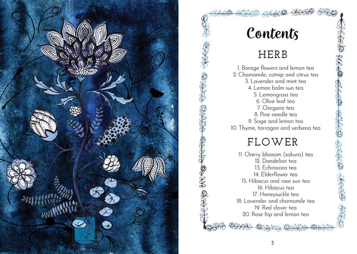 Illustrated page from a book with floral design on the left and text on the right.