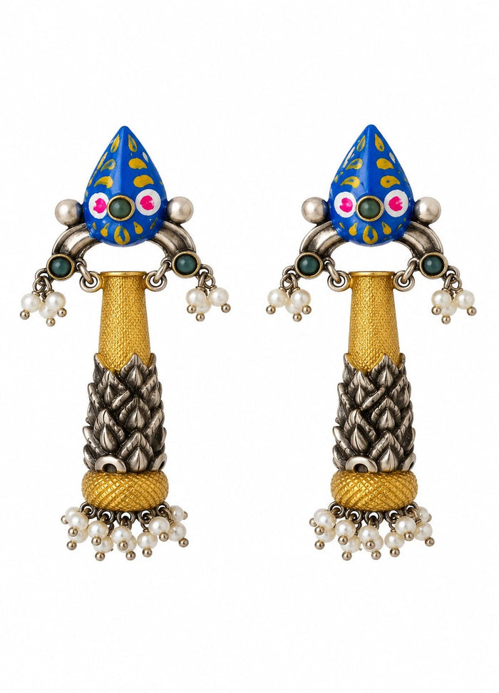 Dual Tone Tribal Long Dangler Earrings with Blue Enamel & Pearl Beads for Women