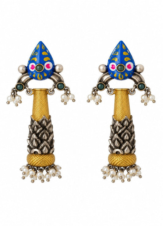 Dual Tone Tribal Long Dangler Earrings with Blue Enamel & Pearl Beads for Women