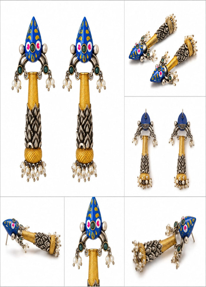 Dual Tone Tribal Long Dangler Earrings with Blue Enamel & Pearl Beads for Women
